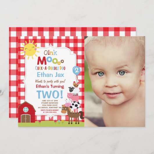 ファーム誕生日招待状納屋周囲の庭誕生日パーティー 招待状 (正面/裏面)