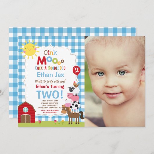 ファーム誕生日招待状納屋周囲の庭誕生日パーティー 招待状 (正面/裏面)