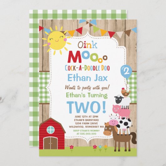ファーム誕生日招待状納屋周囲の庭誕生日パーティー 招待状 (正面/裏面)