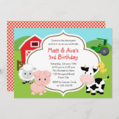 ファーム誕生日招待状-ボーイガールツインズ納屋周囲の庭 招待状 (正面/裏面)