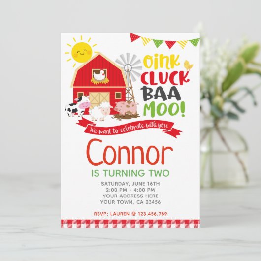 ファーム誕生日招待状、納屋周囲の庭パーティー 招待状 (スタンド正面)