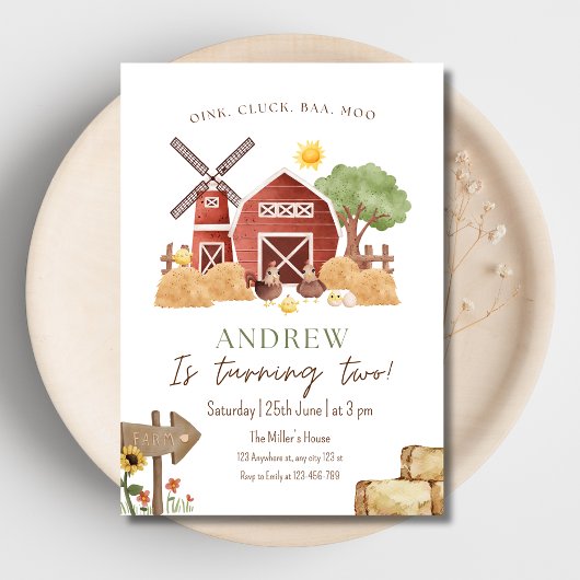 ファーム誕生日招待状、納屋周囲の庭ボーイズ誕生日 招待状