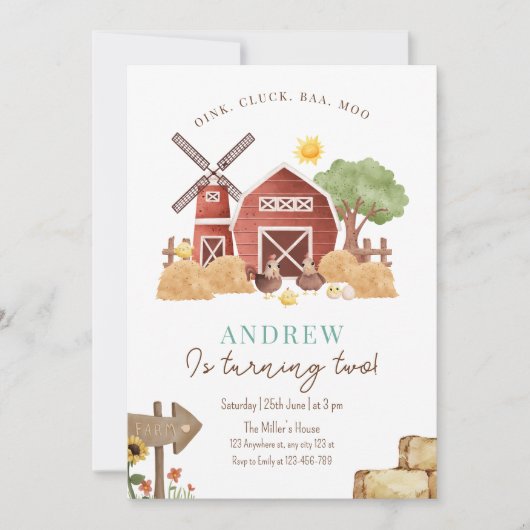 ファーム誕生日招待状、納屋周囲の庭ボーイズ誕生日 招待状 (正面)
