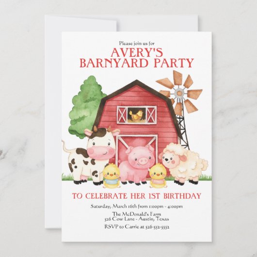 ファーム誕生日招待状、納屋周囲の庭誕生日 招待状 (正面)