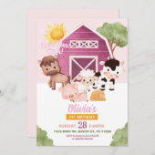 ファーム誕生日第1招待状ピンクガールズワンアニマル 招待状 (正面/裏面)