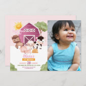 ファーム誕生日第1招待状ピンクガールズワンフォト 招待状 (正面/裏面)