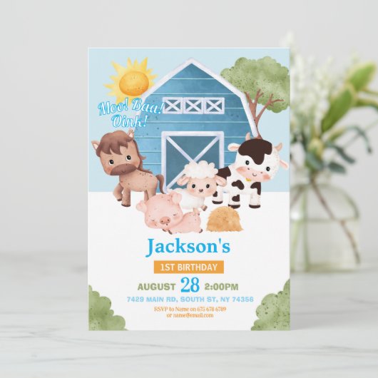 ファーム誕生日第1招待状ブルーボーイズワンアニマル 招待状 (スタンド正面)