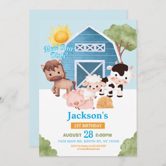 ファーム誕生日第1招待状ブルーボーイズワンアニマル 招待状 (正面/裏面)