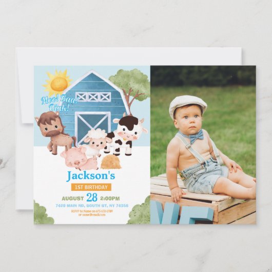ファーム誕生日第1招待状ブルーボーイズ1枚 招待状 (正面)