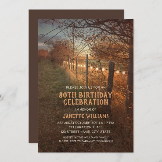 ファーム80番目の誕生日招待状素朴カントリーパス 招待状 (正面/裏面)