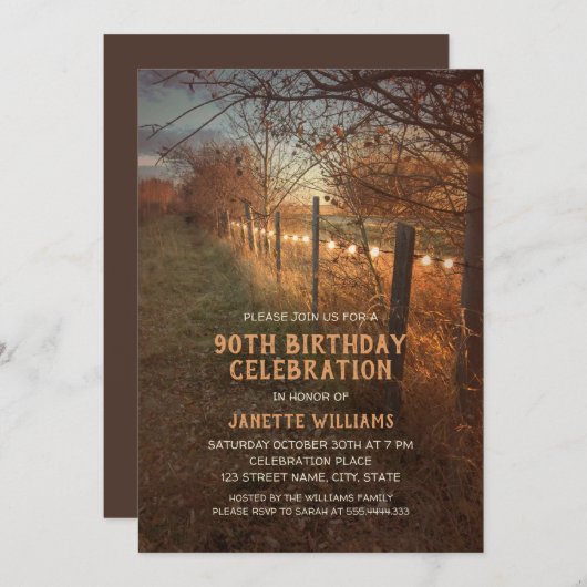 ファーム90番目の誕生日招待状素朴カントリーパス 招待状 (正面/裏面)