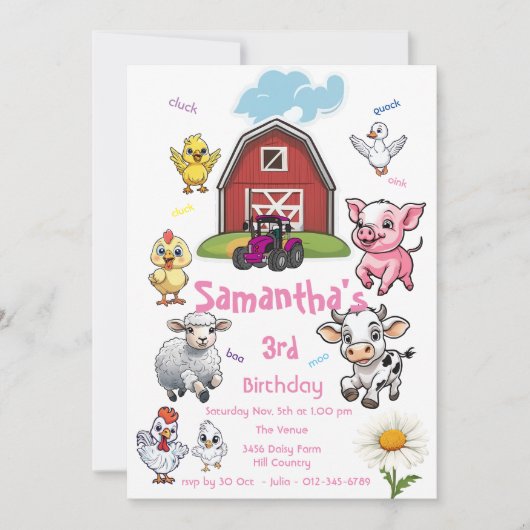 ファーム – タスティック納屋周囲の庭動物トラクター誕生日バッシュ 招待状 (正面)