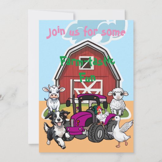 ファーム – タスティック納屋周囲の庭動物トラクター誕生日バッシュ 招待状 (裏面)