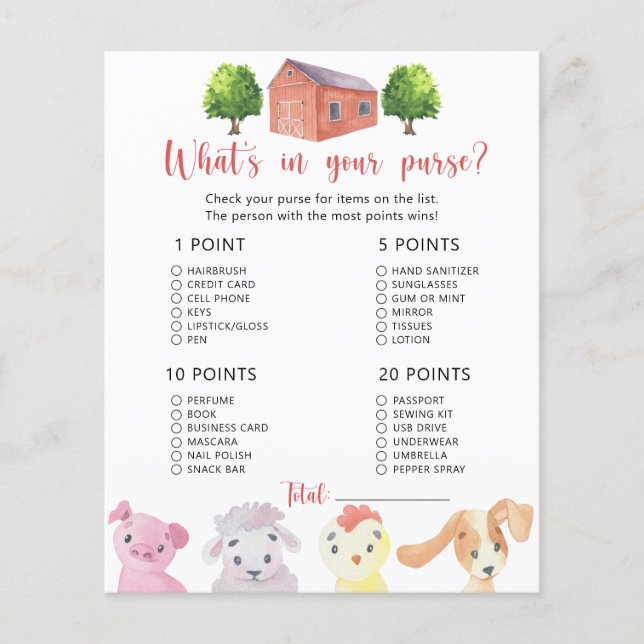 ファーム – ハンドバッグの赤ちゃんシャワーゲームの内容 (正面)