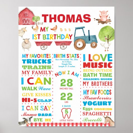 ファーム バーンヤード 1歳の誕生日 マイルストーン 誕生統計 ポスター (正面)