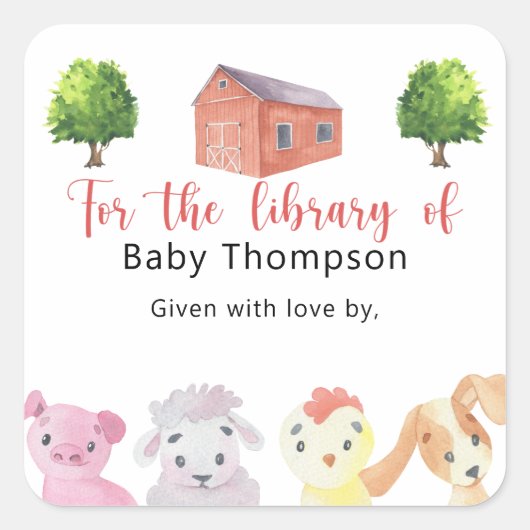 ファーム – ベビーシャワー蔵書票、ベビー用の本 スクエアシール (正面)