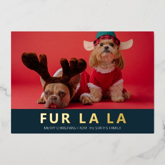 ファーララブルー金ゴールドモダンペットのクリスマスフォト 箔シーズンカード (正面)