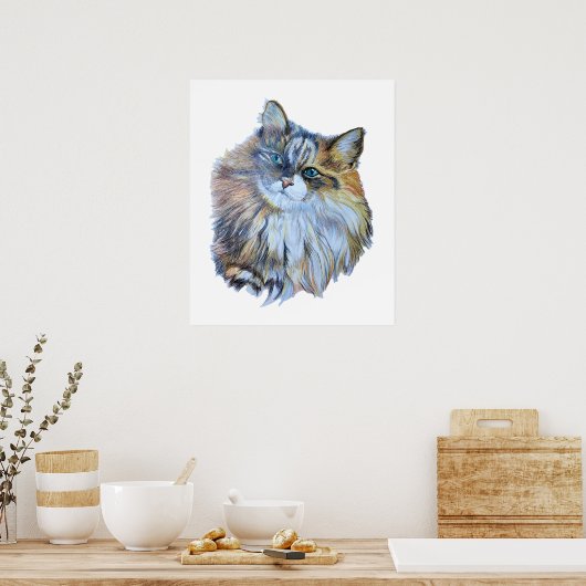 ファーリーカラフルノルウェーの森の猫のリアルな芸術 ポスター (キッチン)