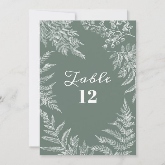 ファーンエレガントリーフセージ緑結婚のテーブル番号 招待状 (正面)
