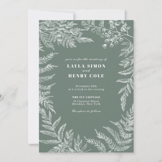 ファーンエレガントリーフボタニカルサージグリーン結婚ズ 招待状 (正面)