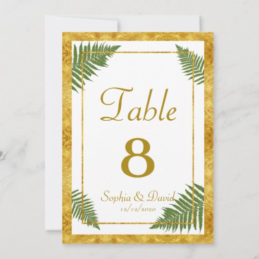 ファーンエレガント葉ズゴールドフォイル結婚のテーブル番号 招待状 (裏面)