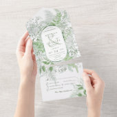 ファーンモダングリーンリーフ白ディナー オールインワン招待状 (貼ってはがせる)