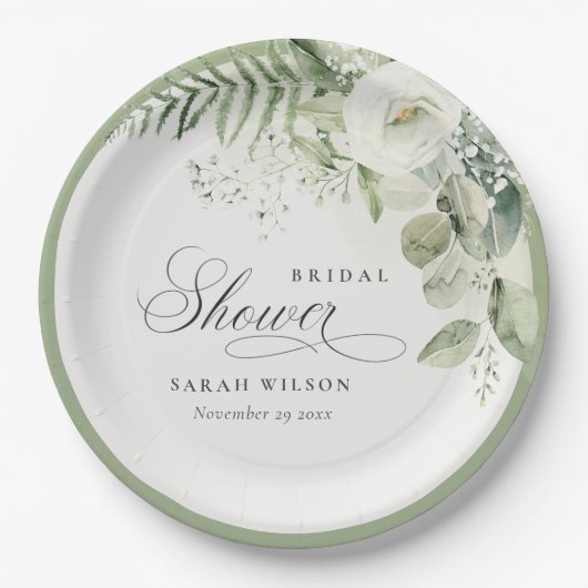 ファーンユーカリプトゥスグリーンリーリーフブライダルシャワー ペーパープレート (正面)