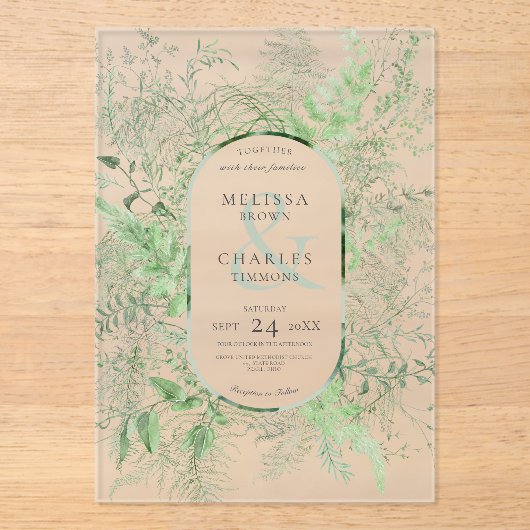 ファーン素朴グリーンの葉エメラルドグリーン結婚ズ アクリル招待状 (正面)
