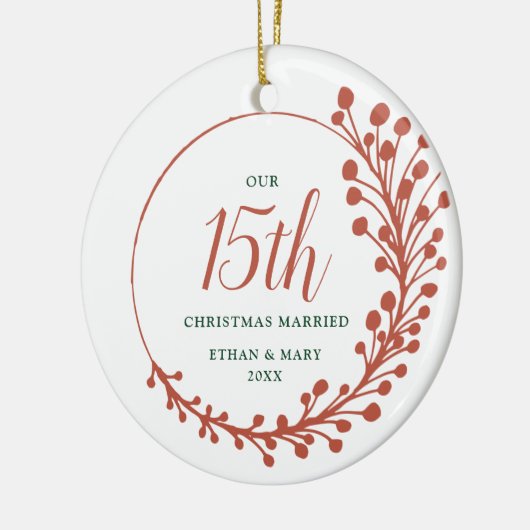 ファーン素朴15パーソナライズされたthクリスマス結婚した セラミックオーナメント (左)