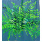 ファーン葉デザイン、フローラ、緑、青と緑 シャワーカーテン (正面)