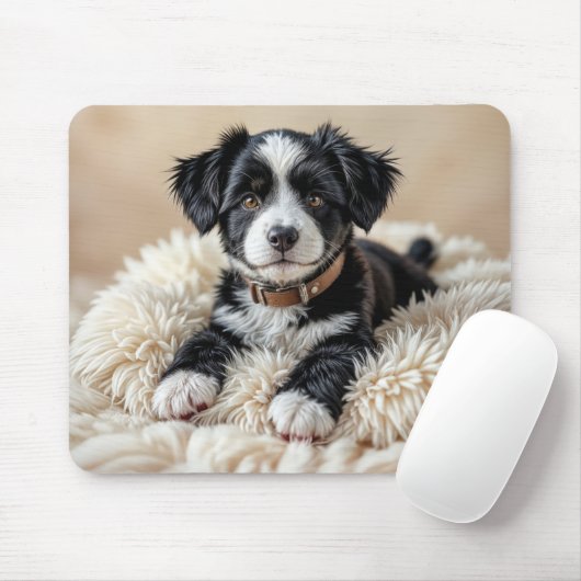 ファー枕の上のかわいい子犬 マウスパッド (マウス)
