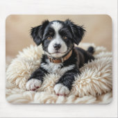 ファー枕の上のかわいい子犬 マウスパッド (正面)