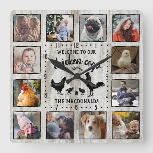 ファー素朴ムハウスウッドチキンコープフォトコラージュ スクエア壁時計 (正面)
