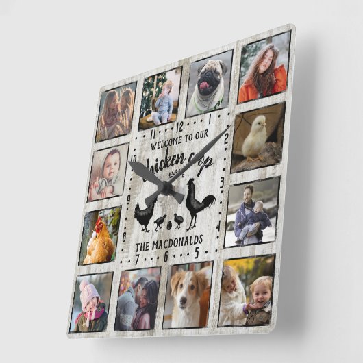 ファー素朴ムハウスウッドチキンコープフォトコラージュ スクエア壁時計 (傾斜)