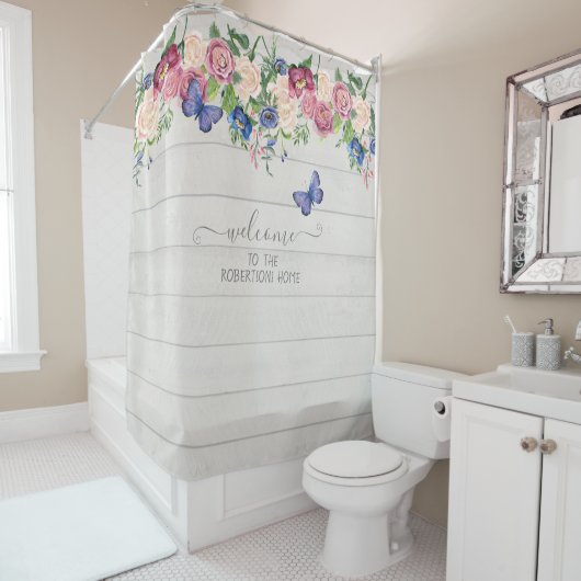 ファー素朴ムハウスデコールフローラホワイトウッドファミリー シャワーカーテン (インサイチュ)