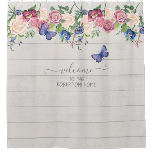 ファー素朴ムハウスデコールフローラホワイトウッドファミリー シャワーカーテン (正面)