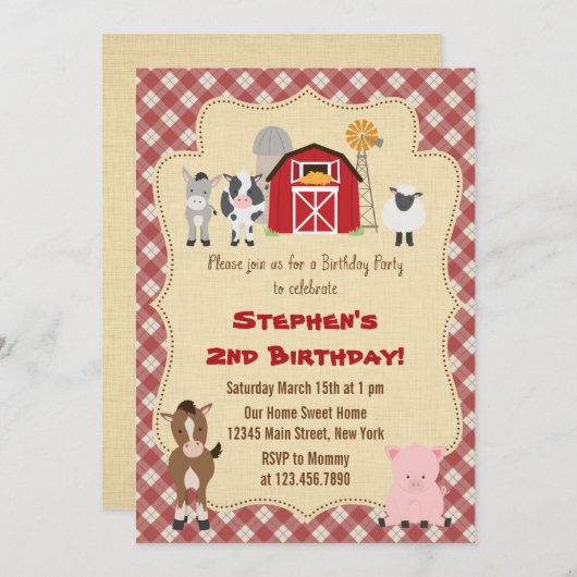 ファー素朴ム·アニマル誕生日パーティーの招待 招待状 (正面/裏面)