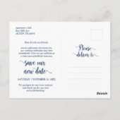 ファ素朴ーム、日付の変更、ネービーブルー、延期 ポストカード (裏面)