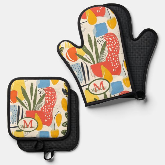 フアヴィスムスタイル鮮やかカラーズガーデンポット 鍋つかみ&鍋敷きセット (正面/裏面)