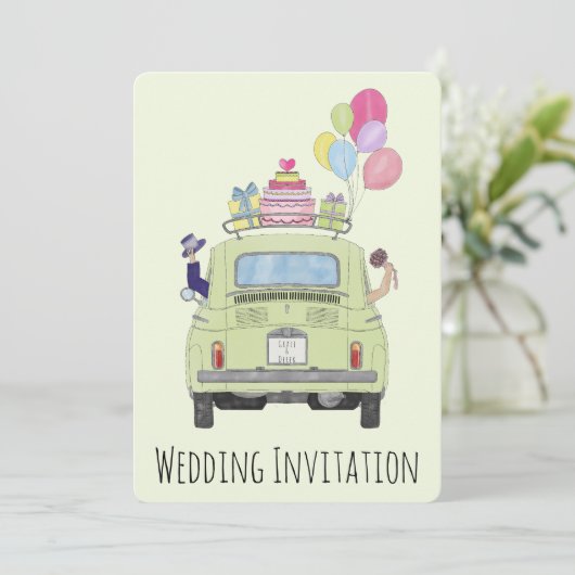 フィアット500カップルの車の結婚式招待状 招待状 (スタンド正面)