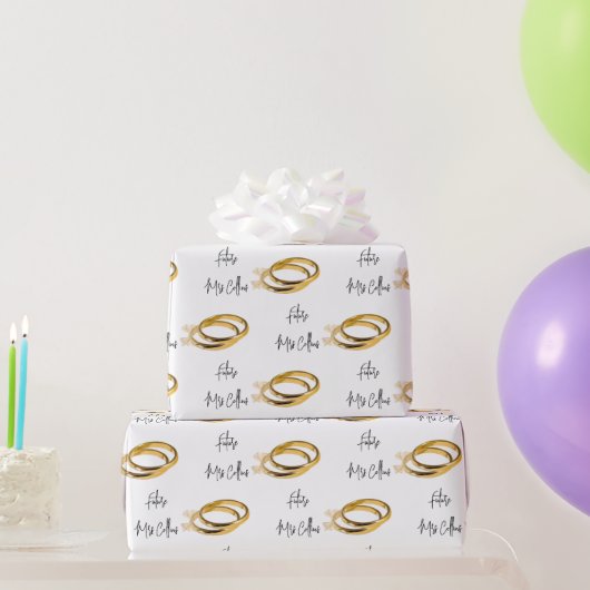 フィアンセ（名前）エレガント ウェディング ゴールド リングス ラッピングペーパー (パーティーギフト)