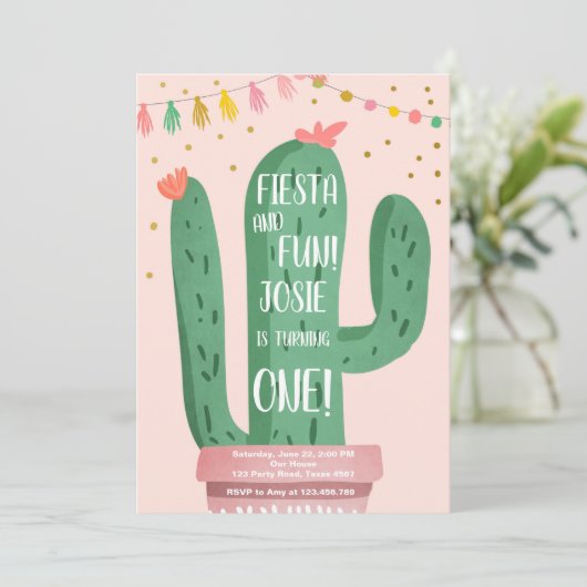 フィエスタとおもしろいガールピンクサボテン1st誕生日 招待状 (スタンド正面)