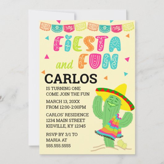 フィエスタとおもしろい誕生日パーティーの招待 招待状 (正面)
