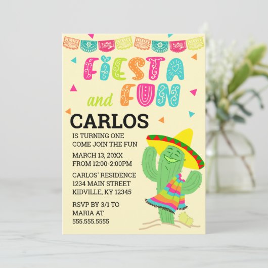 フィエスタとおもしろい誕生日パーティーの招待 招待状 (スタンド正面)