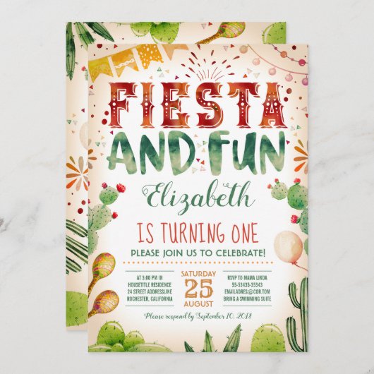 フィエスタとおもしろい|夏の誕生日パーティー 招待状 (正面/裏面)