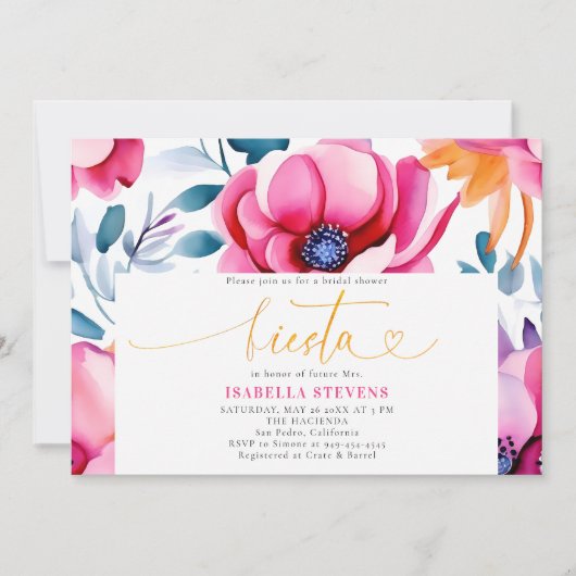 フィエスタはっきりしたウォーターカラーフローラランチョブライダルシャワー 招待状 (正面)