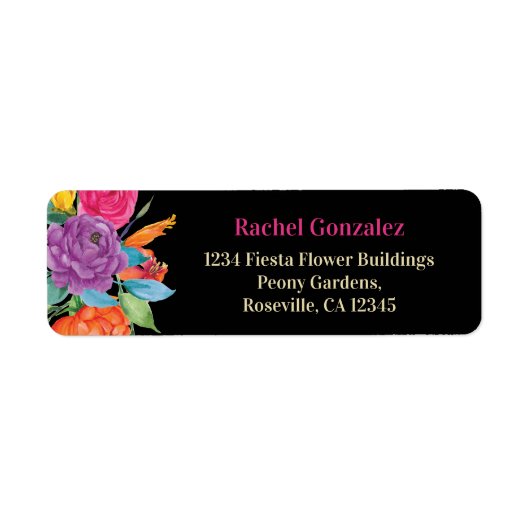 フィエスタカラフルフラワーフローラブラック差出人住所 ラベル (正面)