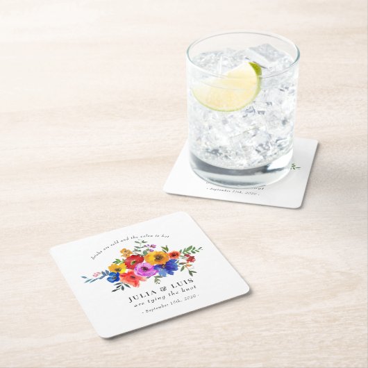 フィエスタカラフルフラワー結婚ズ婚約 スクエアペーパーコースター (インサイチュ)