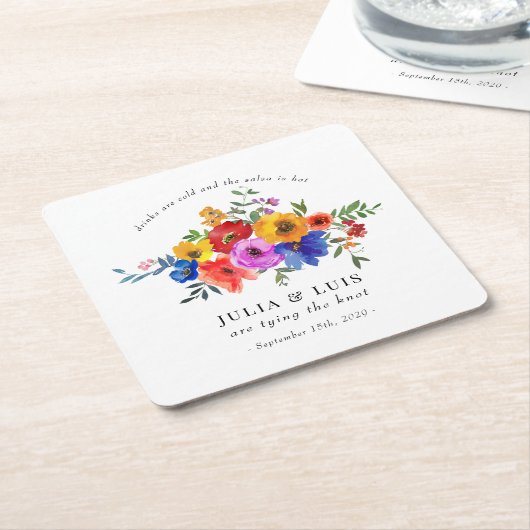 フィエスタカラフルフラワー結婚ズ婚約 スクエアペーパーコースター (アングル)