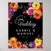 フィエスタカラフルフローラブラック結婚のウェルカムサイン ポスター (正面)